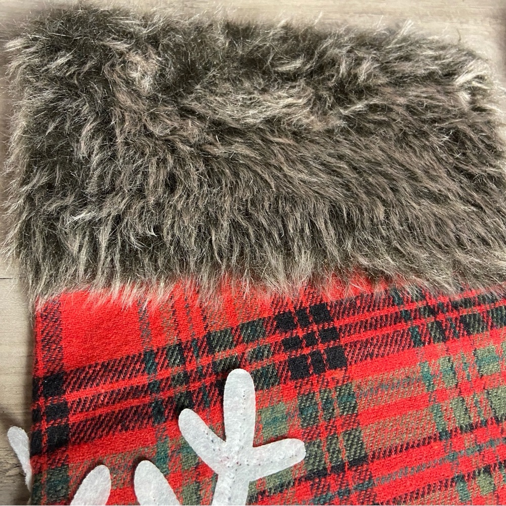 Christmas Stockings Set of 2 Red Gray Fuzzy Top Snowflake Pattern Hanging Plaid - Picture 4 of 10